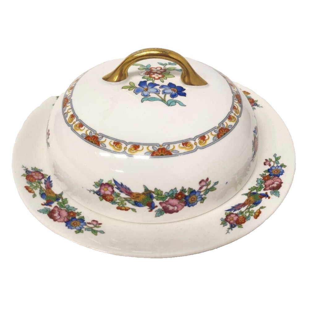 Vintage Limoges France Bone China Porcelain Butter Dish 38K Gold Round Floral